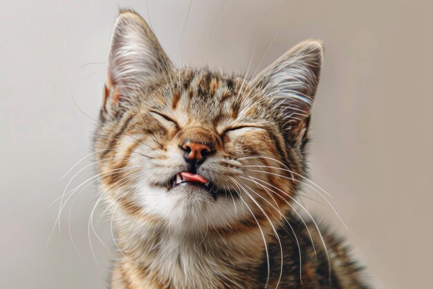 Photo joyful orange tabby kitten laughing with eyes closed in a portrait