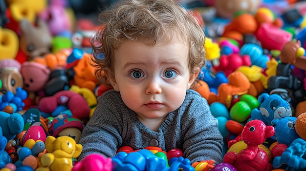 Joyful Overload A Happy Toddler Discovering a World of Colorful Toys in a Whimsical Scene of Playful