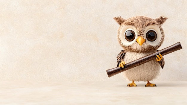 Photo joyful owl performing on oboe against light brown backdrop