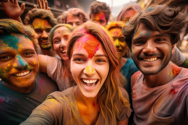 Joyful People Celebrating Holi Festival with Colorful Faces