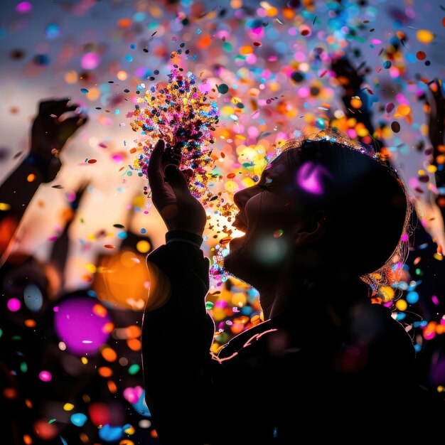 Joyful person celebrating with colorful confetti