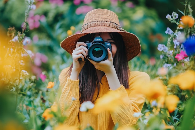 Photo joyful person in a vibrant garden taking photos with a highquality camera showcasing creativity pass