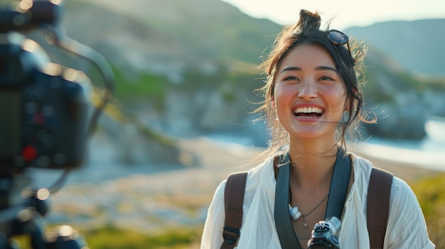 Photo joyful photographer captures scenic coastal beauty during golden hour in serene location