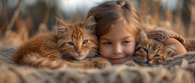 Joyful play and cuddles between siblings and pets companionship