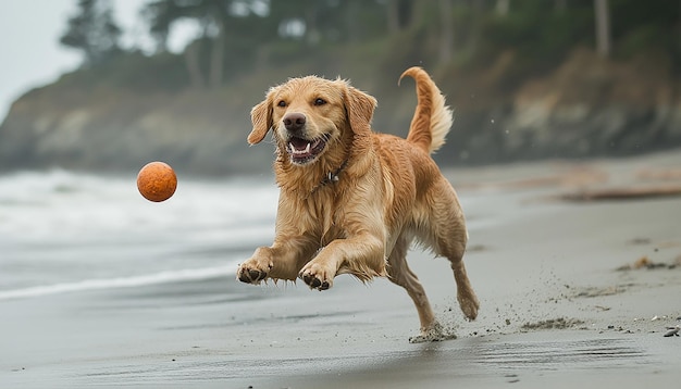 Photo joyful play golden retriever catches ball at the beach