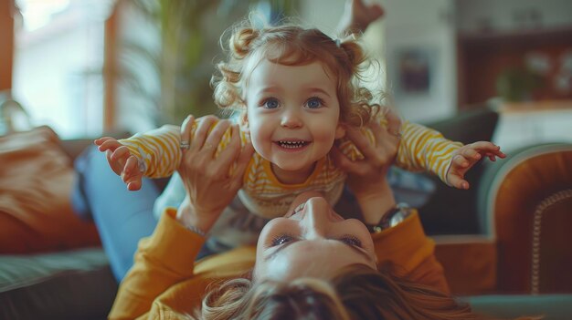 Joyful Playtime Between Mother and Child in Cozy Living Room During Bright Afternoon