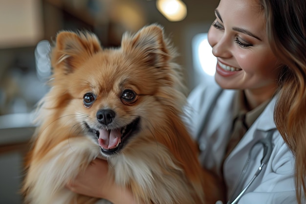 A joyful Pomeranian dog being held by a smiling veterinarian highlighting the bond between pet and vet in a clinic setting