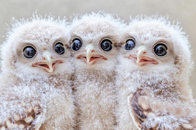 Photo a joyful portrait of three happy owl chicks showcasing their fluffy feathers and wide curious eyes