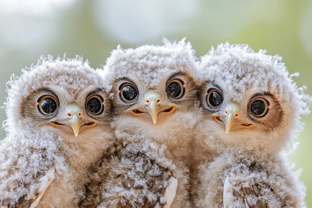 Photo a joyful portrait of three happy owl chicks showcasing their fluffy feathers and wide curious eyes