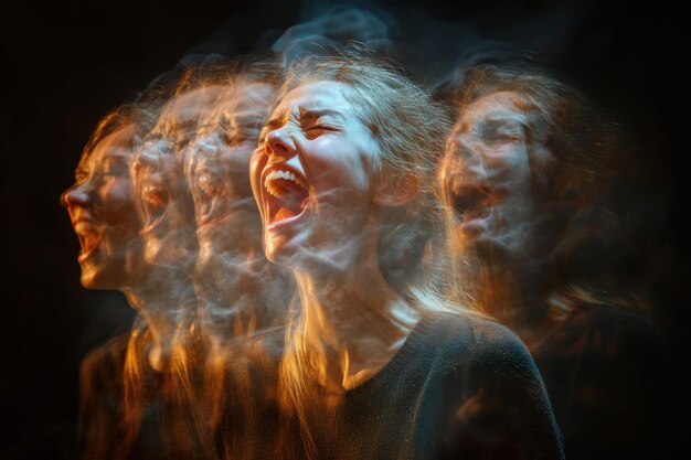 Photo a joyful portrayal of a woman expressing laughter in a composite piece showcasing multiple emotional states against a dark background