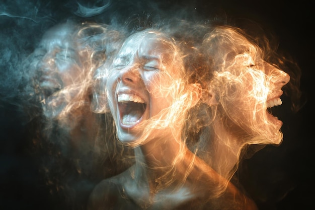 Photo a joyful portrayal of a woman expressing laughter in a composite piece showcasing multiple emotional states against a dark background