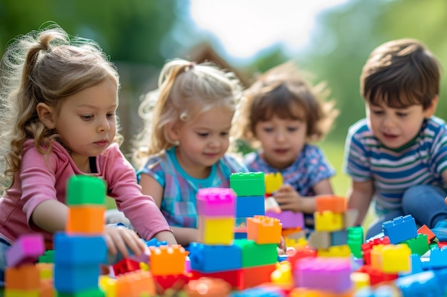 Joyful Preschoolers Engage In Imaginative Play With Colorful Building Blocks Outdoors