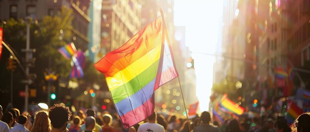 Joyful pride parade featuring a large rainbow flag sunny cityscape indistinct celebrants