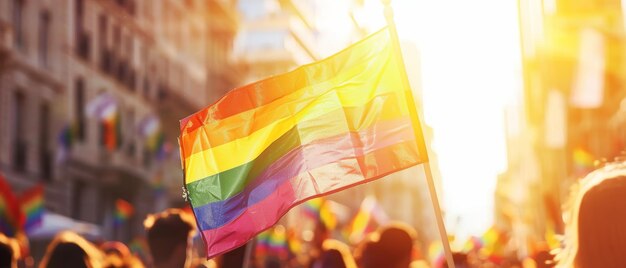 Joyful pride parade with a prominent rainbow flag sunlit cityscape blurred participants behind