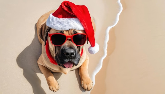 Photo joyful pug in a santa hat and sunglasses