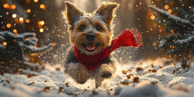 Joyful puppy in a red scarf dashes through a snowy forest on a bright winter day