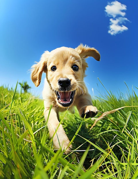 a joyful puppy running through green grass with a clear blue sky in the background