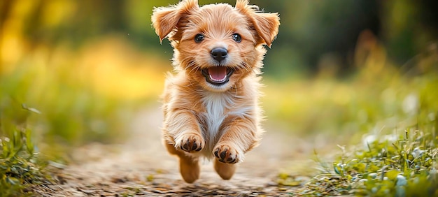 Photo joyful puppy running through lush field of green overflowing with excitement and happiness