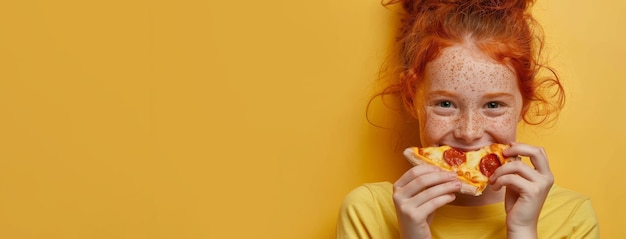 Photo joyful redhaired girl with freckles eats pepperoni pizza on an orange background copyspace place for text banner