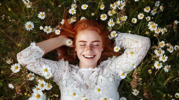 Joyful redhead girl lying in a field of daisies smiling brightly