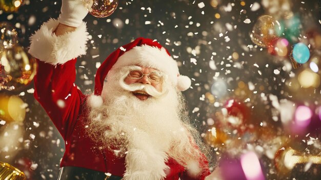 Photo joyful santa claus celebrating with colorful ornaments and confetti in a festive atmosphere