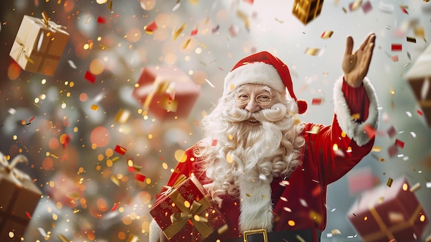 Photo a joyful santa claus is surrounded by flying gifts and sparkling confetti