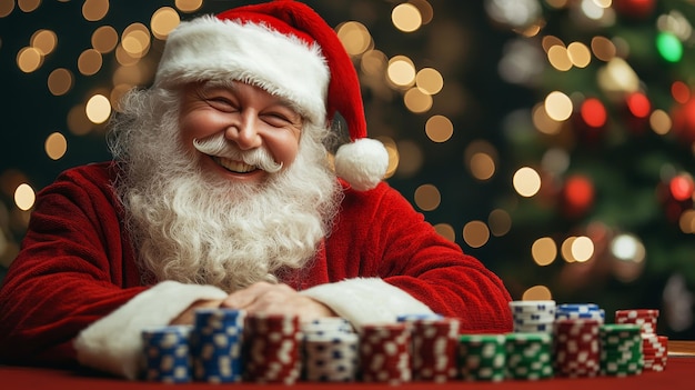 Joyful Santa Claus Playing Poker Holding Gambling Chips Against a Background Christmas Tree Lights