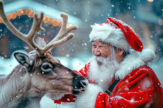 Joyful Santa Claus with a Reindeer in Snowy Setting Concept of Christmas Spirit Holiday Cheer Mythical Characters