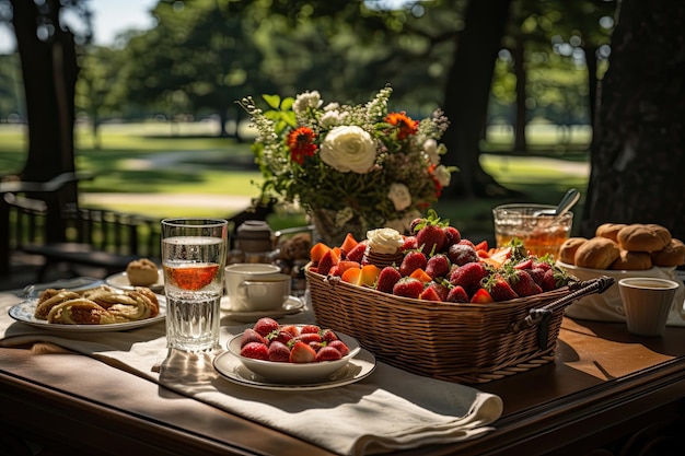 Joyful scene Picnic with juices baskets in park generative IA