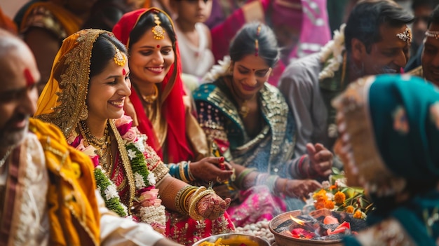 Photo a joyful scene of a traditional wedding ceremony with the couple dressed in customary attire surrounded by family and friends celebrating love and union with ageold rituals