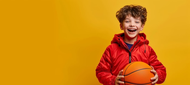 Joyful Schoolboy in Red Jacket Holding a Basketball Against Yellow Background