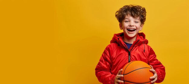 Photo joyful schoolboy in red jacket holding a basketball against yellow background