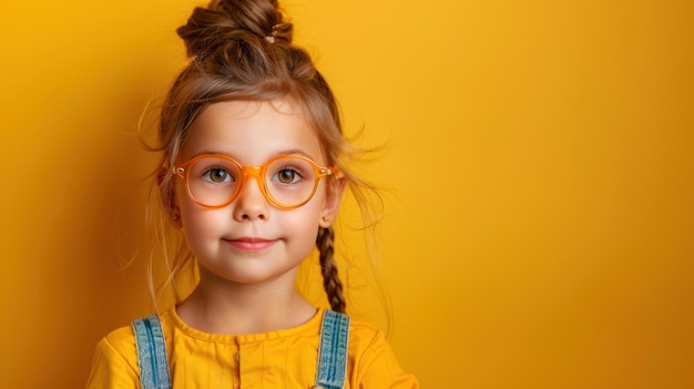 Joyful Schoolgirl Posing on Vibrant Yellow Background Back to School Fun Concept