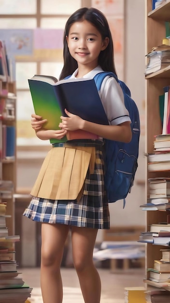 Joyful schoolgirl standing with bright workbooks