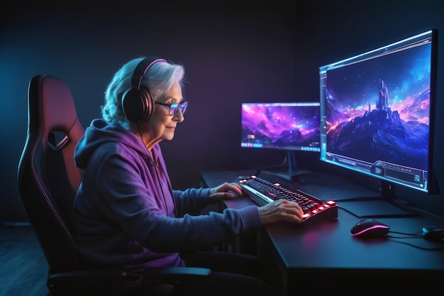 Joyful senior caucasian gamer woman with headphones preparing computer for streaming session