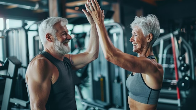 Photo joyful senior couple celebrating workout