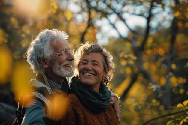 Joyful senior couple embracing in autumn park