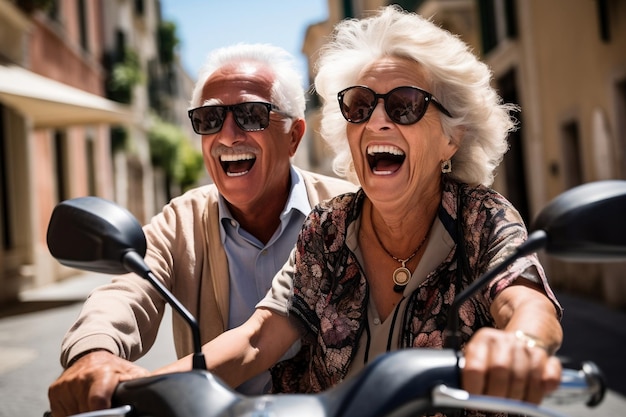 Joyful Senior Couple Riding Scooter in Italy During Holidays