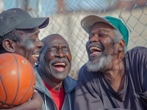 Joyful Senior Friends Enjoying a Casual Game of Basketball Candid Laughter and Bonding Moments Captured Outdoor Sporting Leisure Generative AI