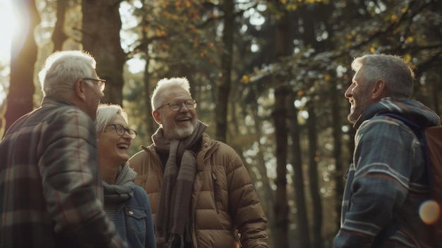 Joyful senior friends share laughter in an autumn forest basking in golden sunlight