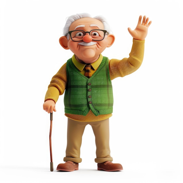 Joyful Senior Gentleman Wearing Glasses and a Green Vest Waves Cheerfully While Holding a Cane