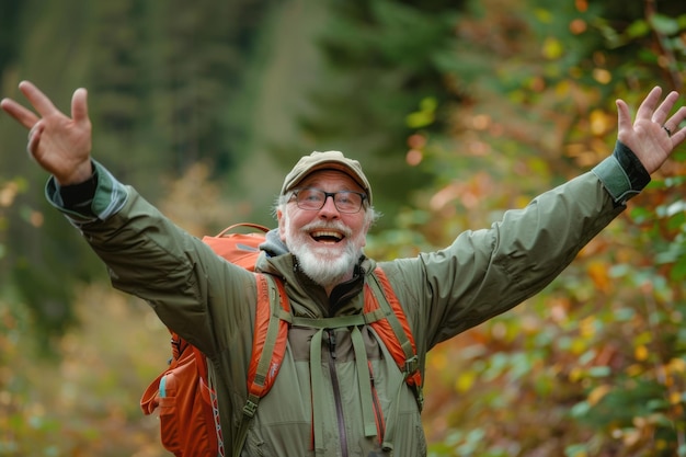 Joyful senior hiker embraces autumn forest trail