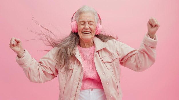 Photo joyful senior woman dancing happily