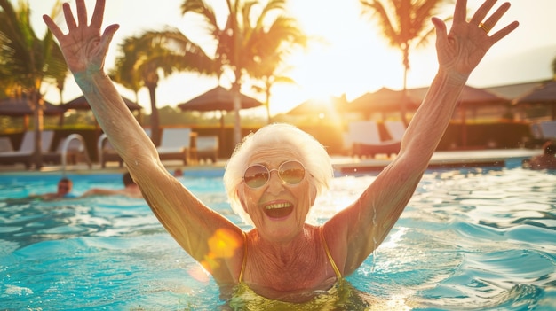 Joyful senior woman enjoying a sunny day in the pool