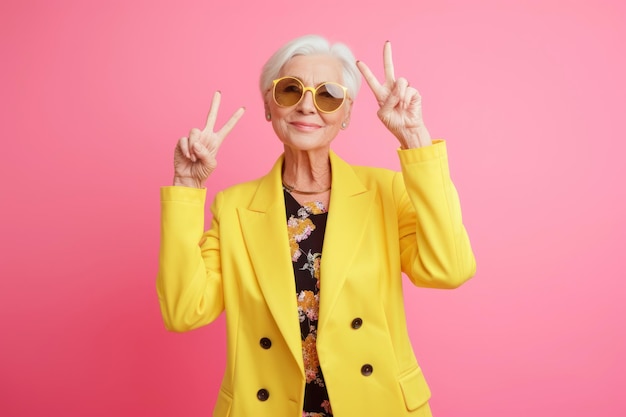 Joyful Senior Woman in Stylish Yellow Jacket Making Peace Sign with Sunglasses on color Background