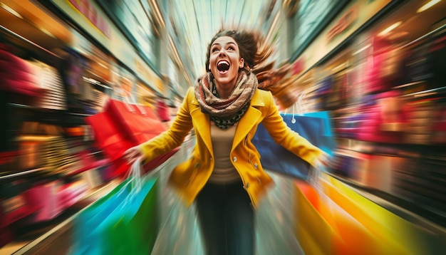 Photo joyful shopaholic with arms full of shopping bags navigating the showroom with excitement delight