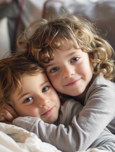 Photo joyful siblings embracing heartwarming childhood bond