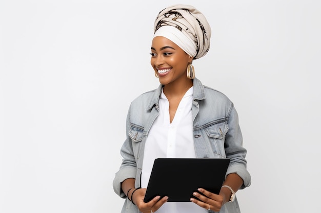 joyful and smiling beautiful black woman with tablet