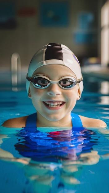 Photo joyful smiling boy swimmer in a cap and goggles learns professional swimming in the swimming pool i