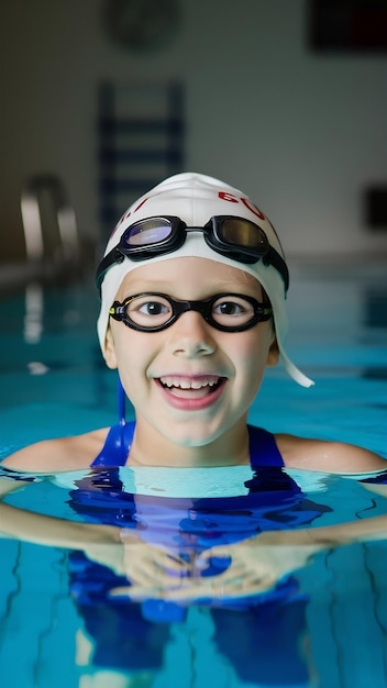 Photo joyful smiling boy swimmer in a cap and goggles learns professional swimming in the swimming pool i